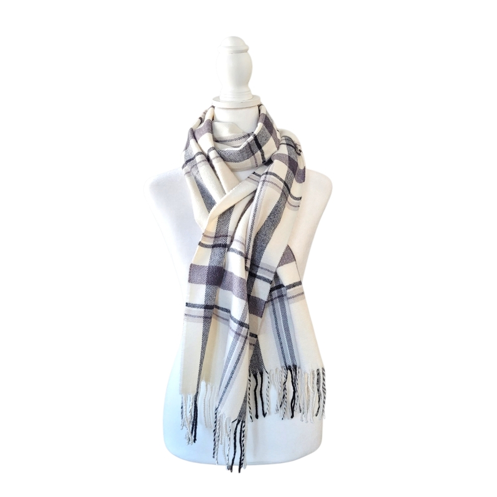 Cashmere Blend Plaid Scarf Cream Bkack Gray